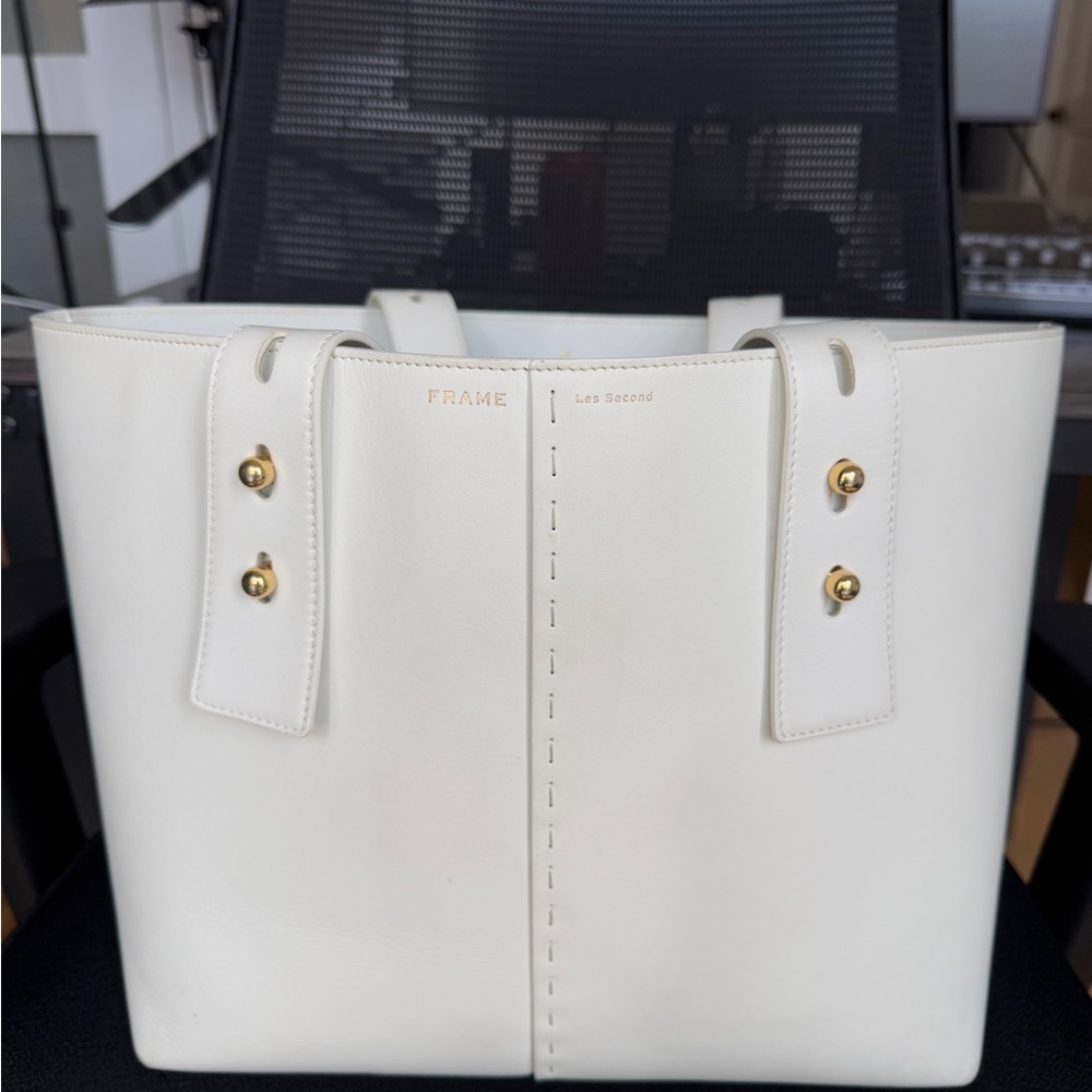 Frame Denim White Tote Bag with Gold Accents
